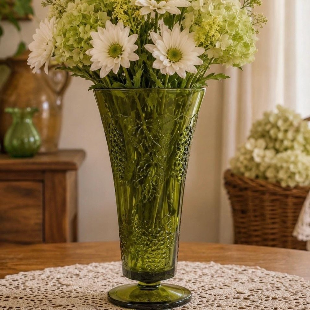 Vintage Green Pedestal Vase Indiana Glass Colony Harvest Grape 10" 1970s